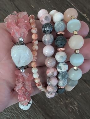 Stacked Pink Stone Beaded Stretch Bracelets